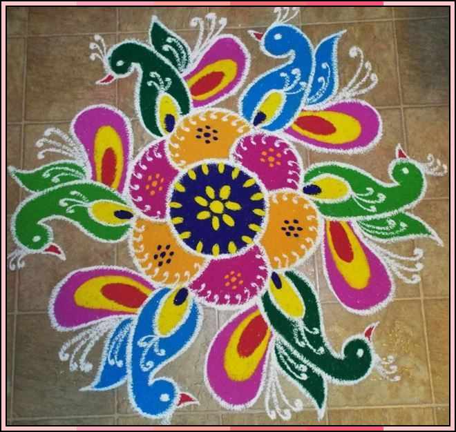 free hand flower rangoli designs with colours
