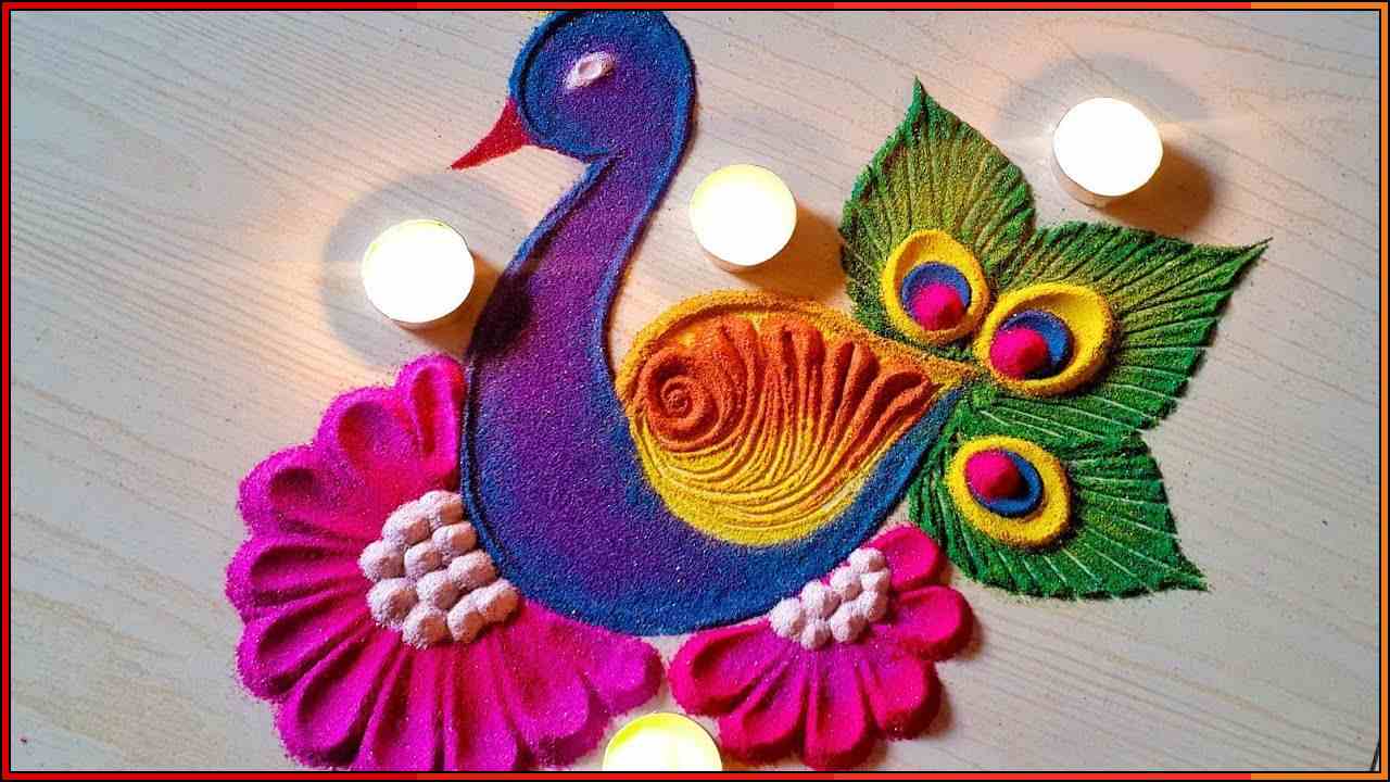 peacock rangoli design for diwali

