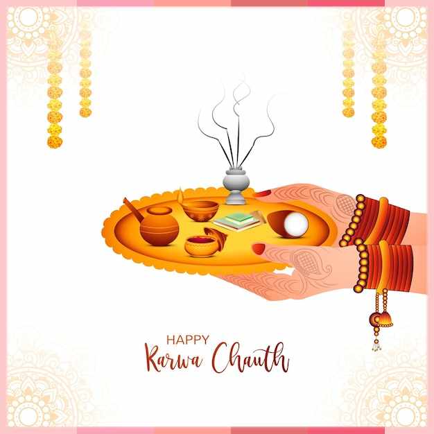 happy karwa chauth with decorated puja thali greeting card background 1035 25147